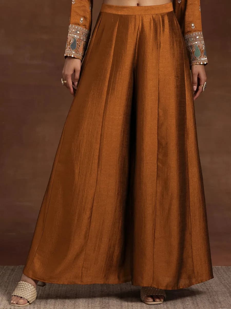 Libas Adaa Rust Embroidered Silk Blend Straight Kurta With Palazzos & Dupatta — 8