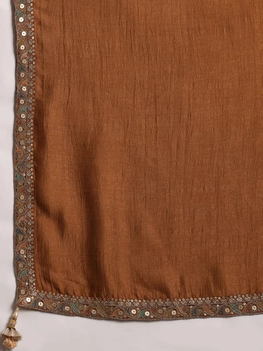 Libas Adaa Rust Embroidered Silk Blend Straight Kurta With Palazzos & Dupatta — 7