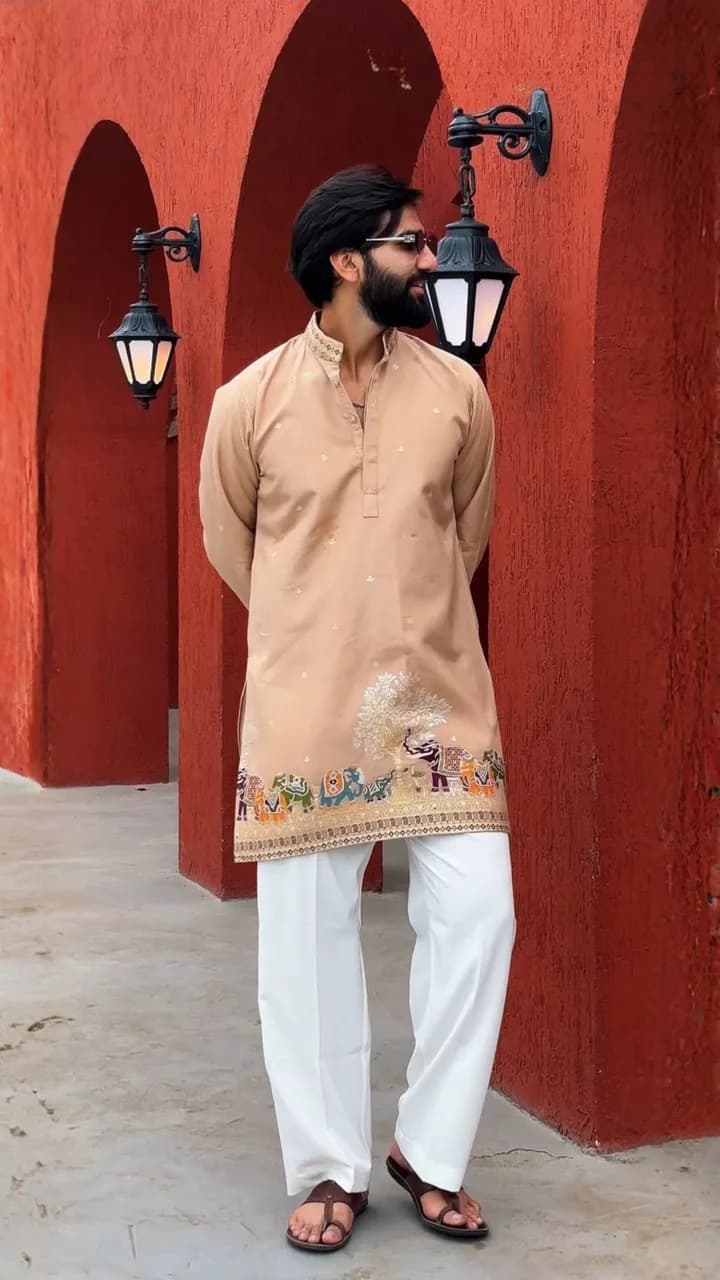 BEIGE KALPRAAG – ELEPHANT PATTERN JACQUARD SHORT KURTA — 4