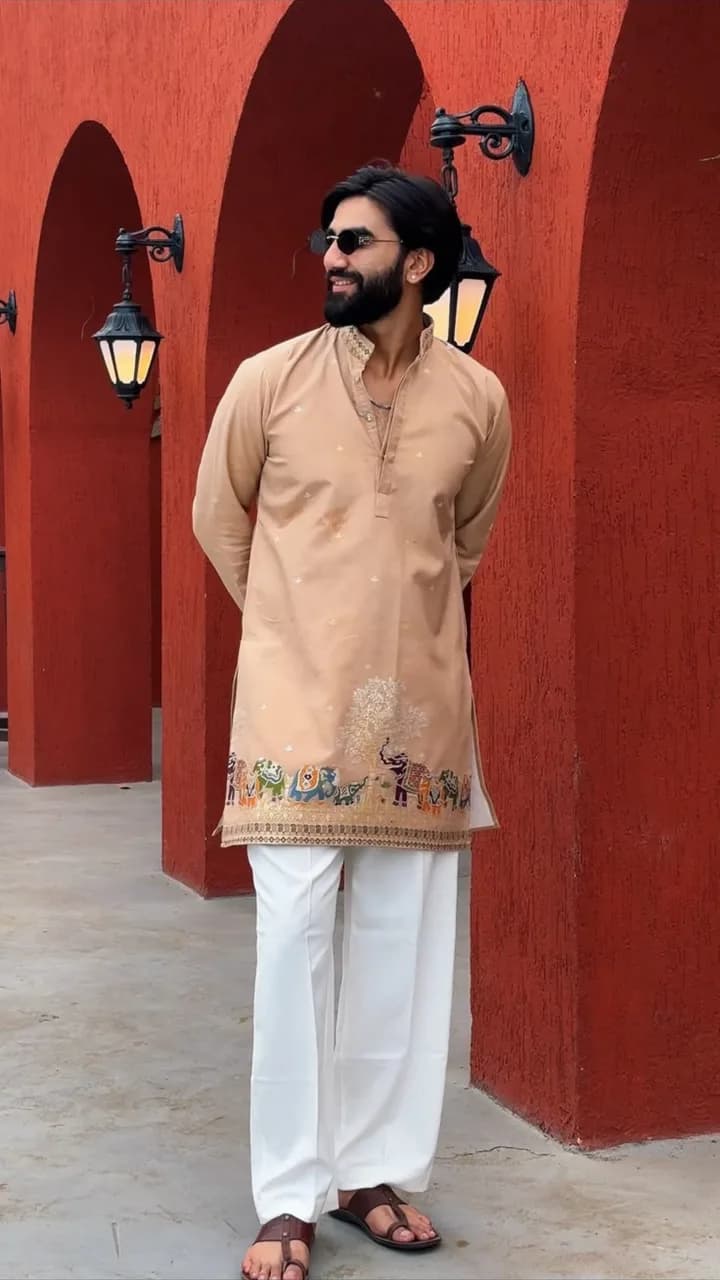 BEIGE KALPRAAG – ELEPHANT PATTERN JACQUARD SHORT KURTA — 3