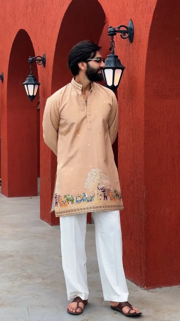 BEIGE KALPRAAG – ELEPHANT PATTERN JACQUARD SHORT KURTA — 2
