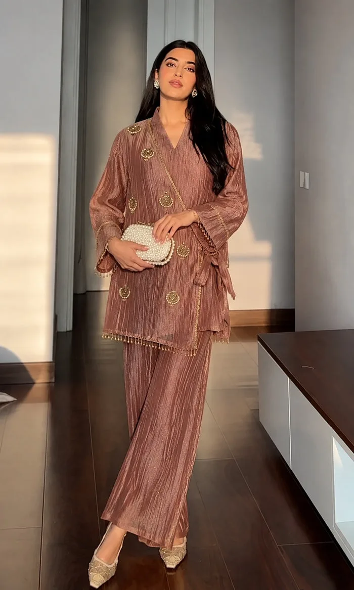 Rose Bronze Embellished Shimmer Silk Co-Ord Set