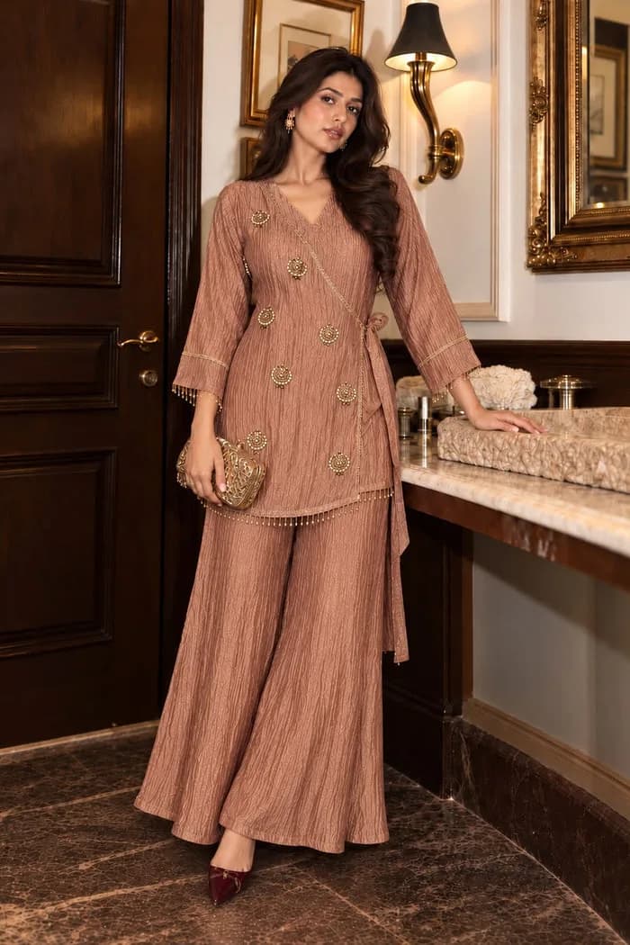 Rose Bronze Embellished Shimmer Silk Co-Ord Set — 2