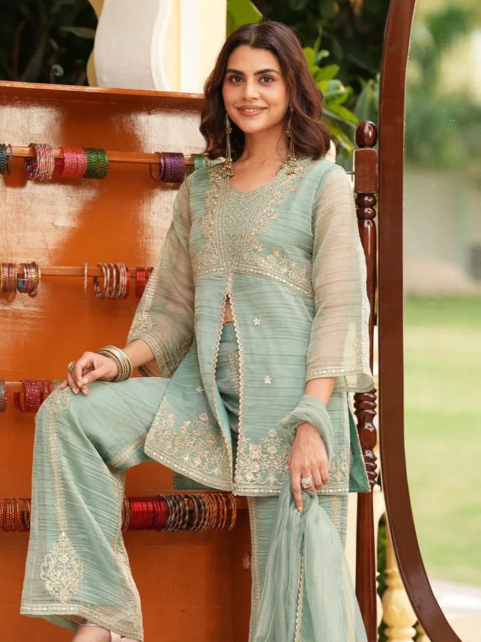 Women’s Mint Silk Embroidered Ethnic Sharara Set — 4