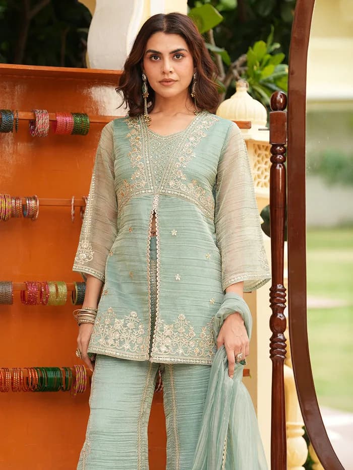 Women’s Mint Silk Embroidered Ethnic Sharara Set — 3