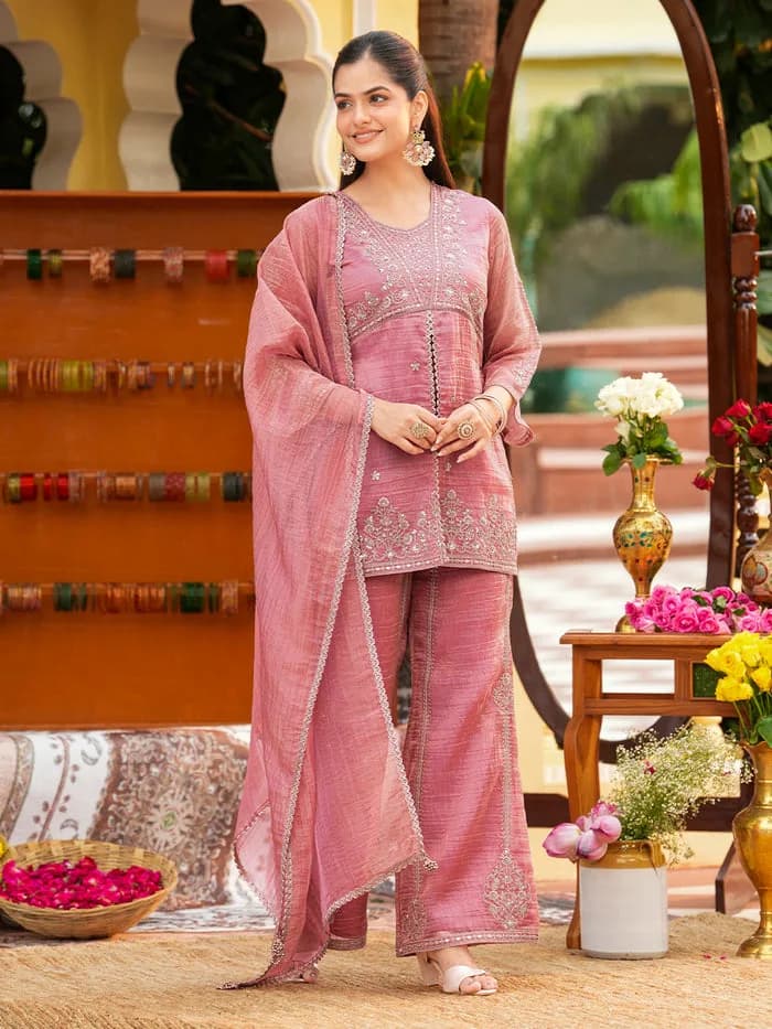 Women’s Pink Silk Embroidered Sharara Suit Set — 2