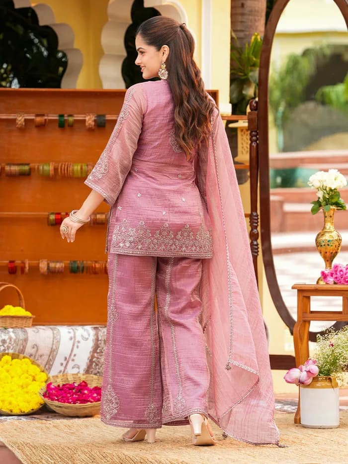 Women’s Pink Silk Embroidered Sharara Suit Set — 5