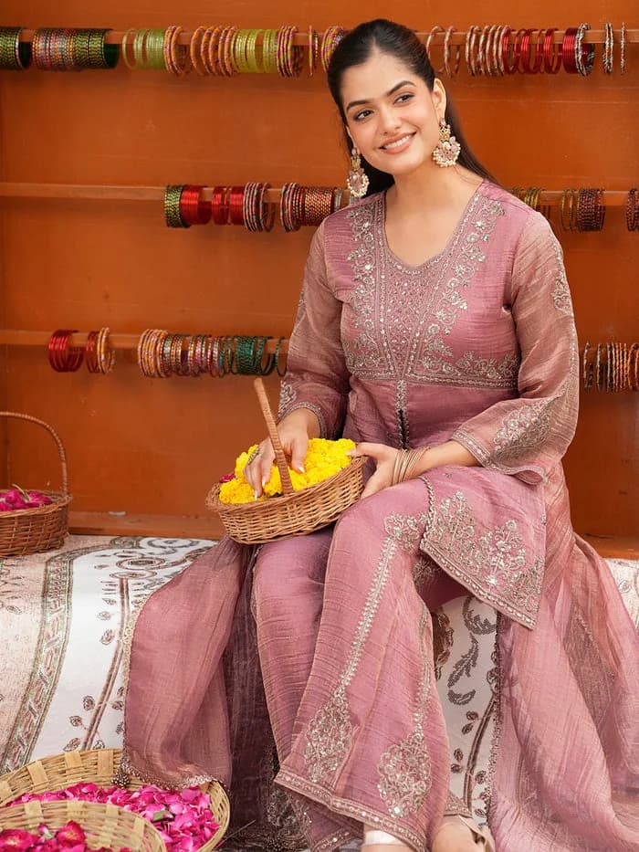Women’s Pink Silk Embroidered Sharara Suit Set — 3