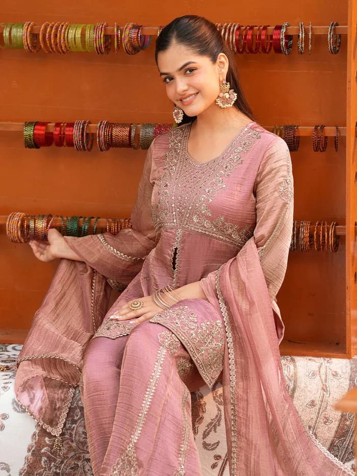 Women’s Pink Silk Embroidered Sharara Suit Set — 4