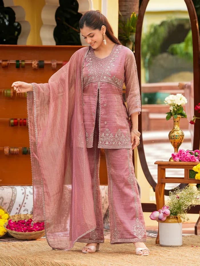 Women’s Pink Silk Embroidered Sharara Suit Set — 1