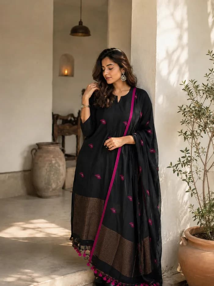 Black Magenta Designer jacquard Suit Set with Dupatta — 1