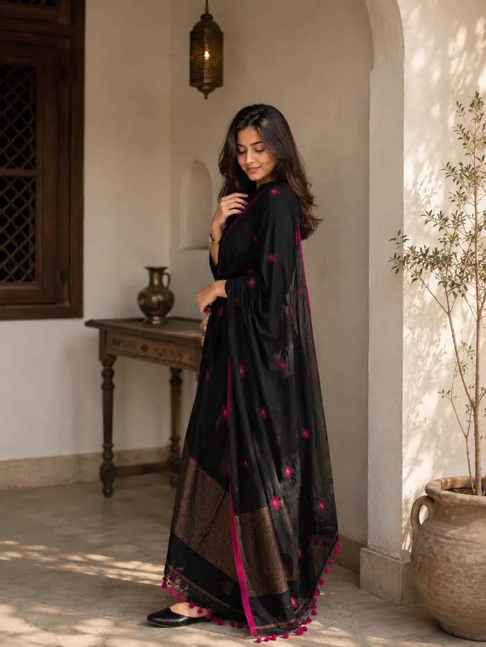 Black Magenta Designer jacquard Suit Set with Dupatta — 2