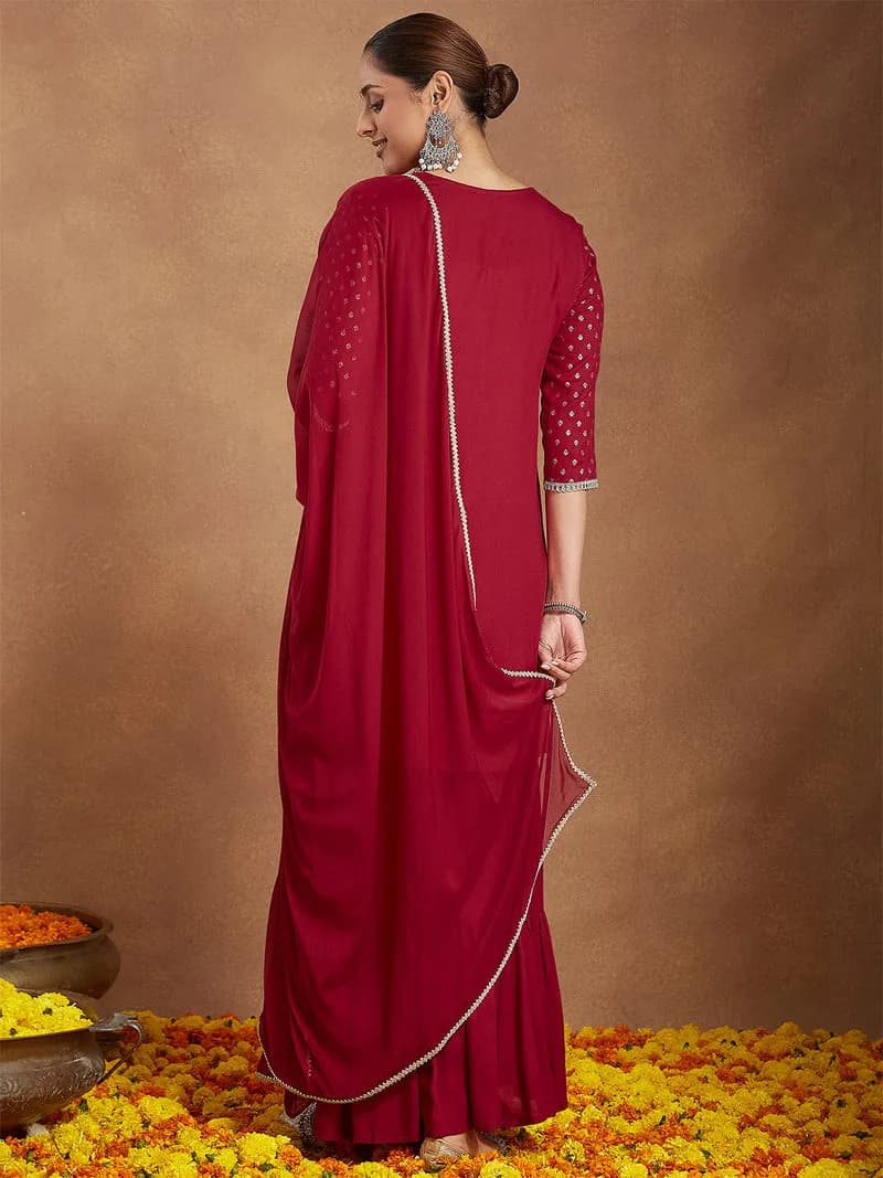 Janasya Women's Maroon Rayon Foil Printed Embellished A-line Kurta With Sharara & Dupatta Set — 2