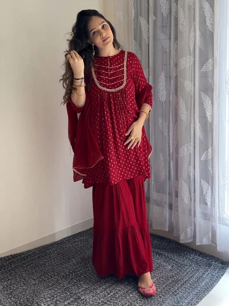 Janasya Women's Maroon Rayon Foil Printed Embellished A-line Kurta With Sharara & Dupatta Set — 7