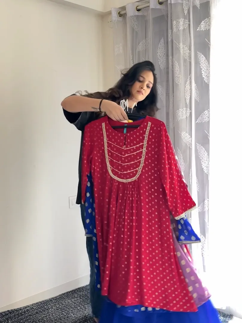 Janasya Women's Maroon Rayon Foil Printed Embellished A-line Kurta With Sharara & Dupatta Set — 5