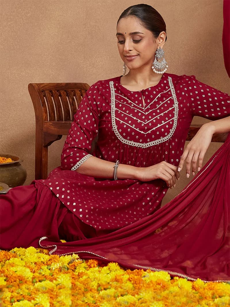 Janasya Women's Maroon Rayon Foil Printed Embellished A-line Kurta With Sharara & Dupatta Set — 3