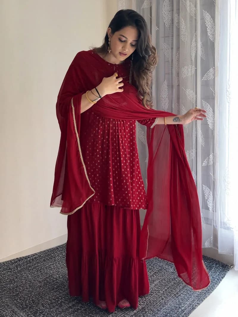 Janasya Women's Maroon Rayon Foil Printed Embellished A-line Kurta With Sharara & Dupatta Set — 4