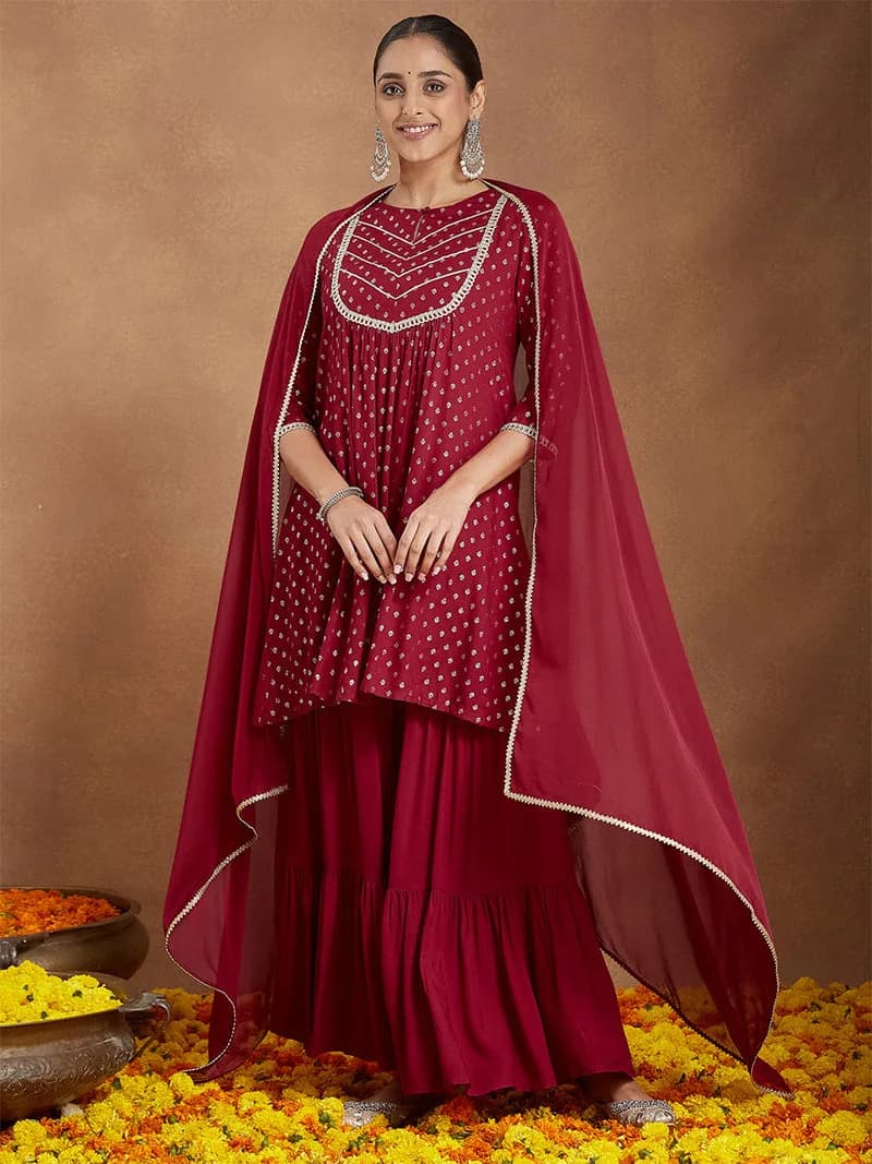 Janasya Women's Maroon Rayon Foil Printed Embellished A-line Kurta With Sharara & Dupatta Set — 1
