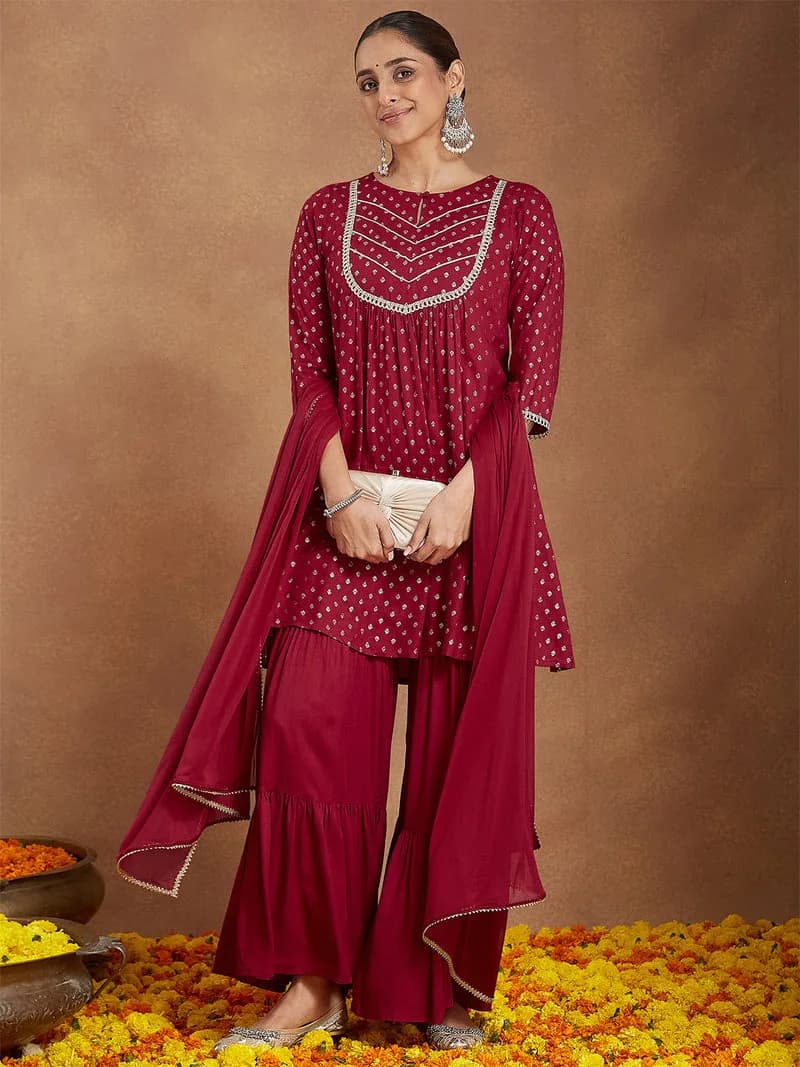 Janasya Women's Maroon Rayon Foil Printed Embellished A-line Kurta With Sharara & Dupatta Set — 6