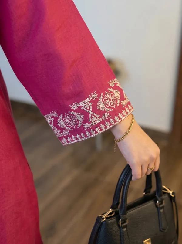 Embroidery Pink Cotton Kurta Set with Palazzo Pants — 3