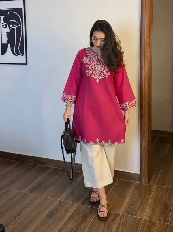 Embroidery Pink Cotton Kurta Set with Palazzo Pants — 1