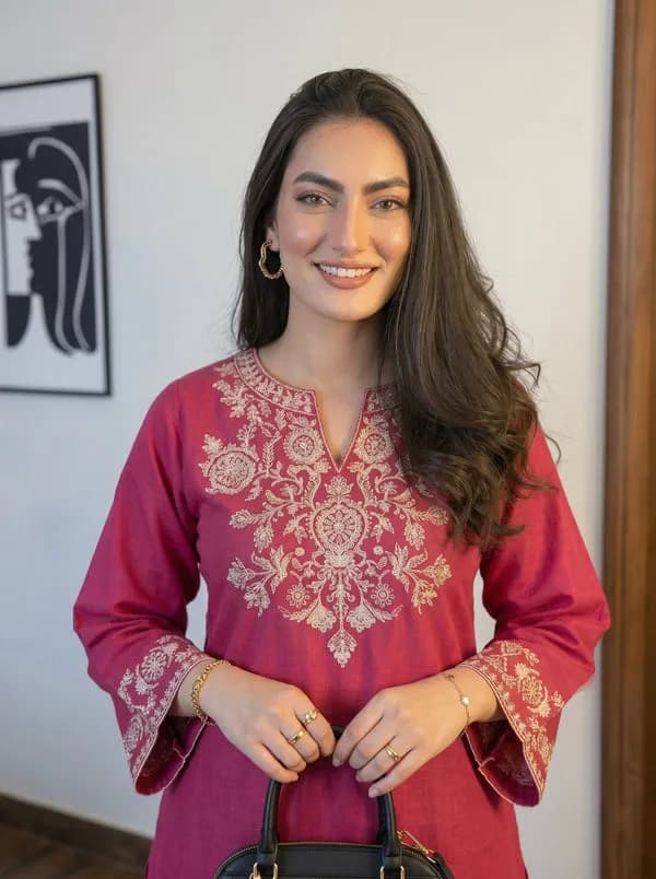 Embroidery Pink Cotton Kurta Set with Palazzo Pants — 2