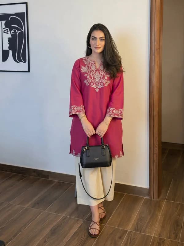 Embroidery Pink Cotton Kurta Set with Palazzo Pants — 5