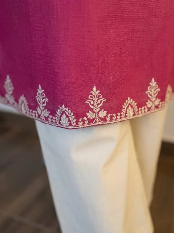 Embroidery Pink Cotton Kurta Set with Palazzo Pants — 4