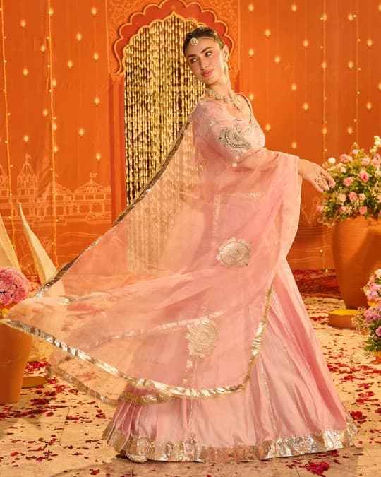Tejal Baby Pink Embroidered Chanderi Aangi Lehenga Set — 4