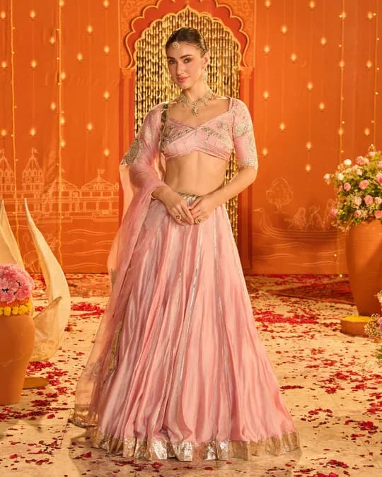 Tejal Baby Pink Embroidered Chanderi Aangi Lehenga Set — 3