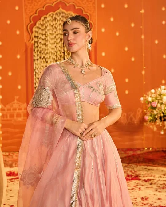 Tejal Baby Pink Embroidered Chanderi Aangi Lehenga Set — 1