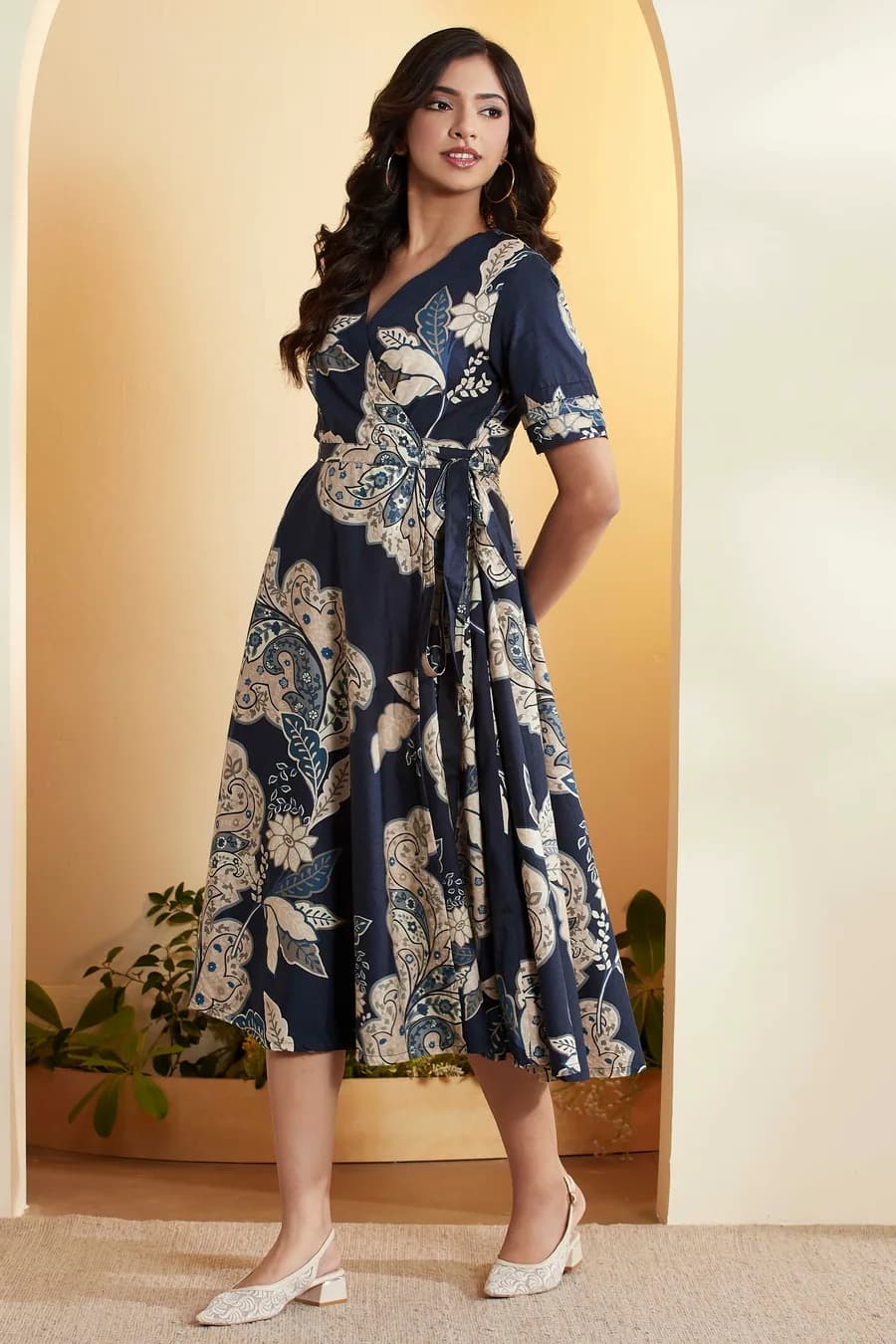 Navy Blue Cotton Floral Printed Asymmetric Dress — 4