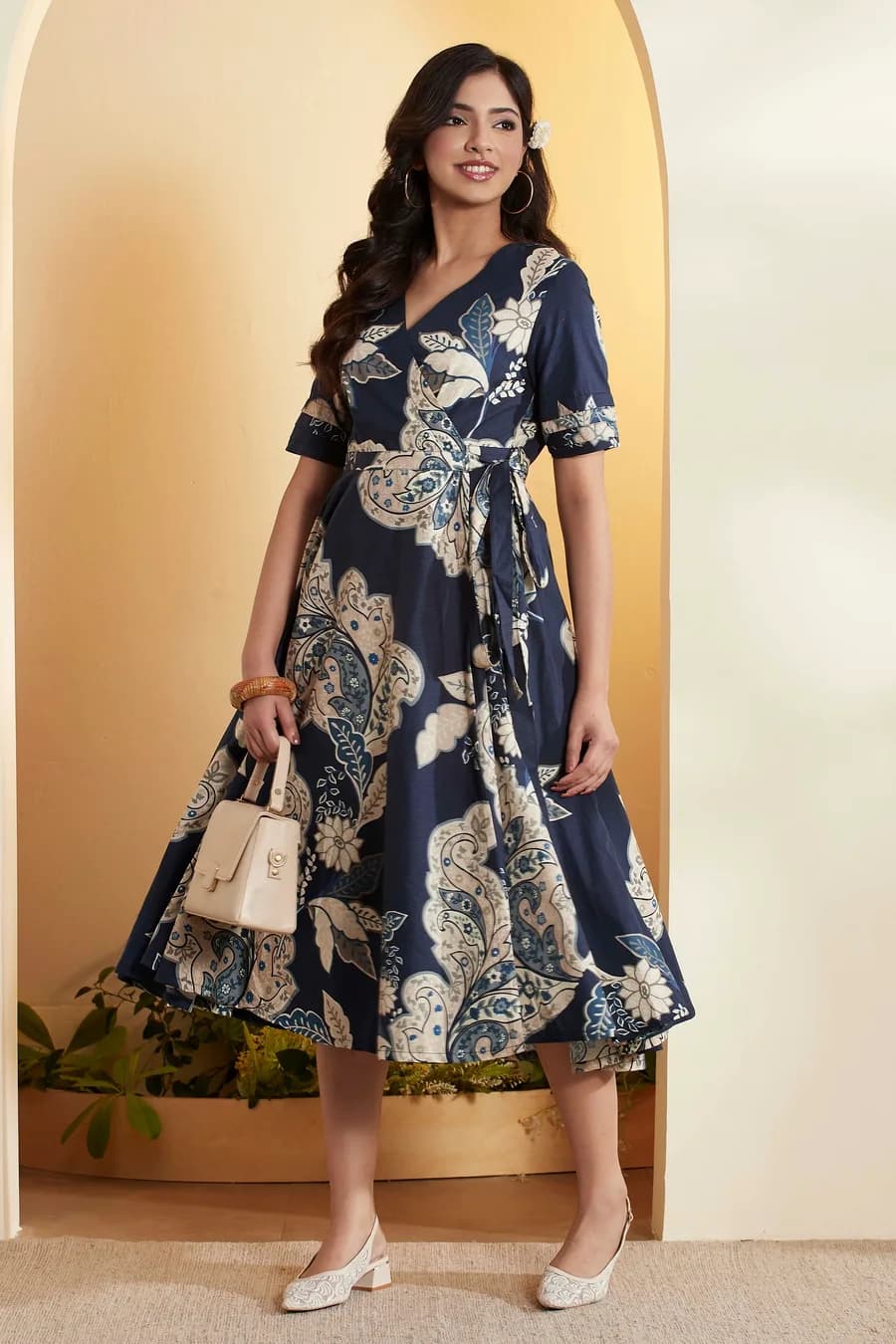Navy Blue Cotton Floral Printed Asymmetric Dress — 3