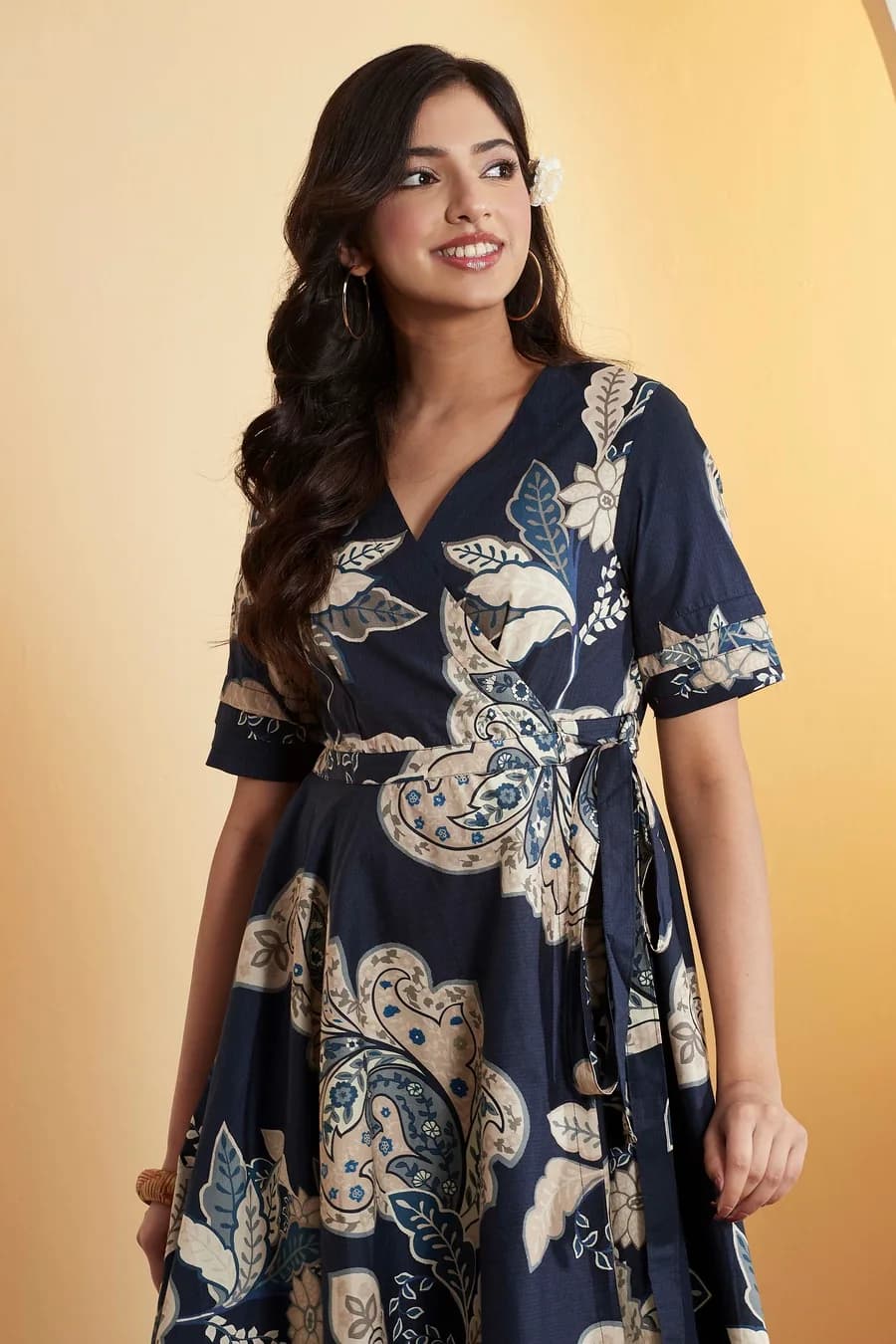 Navy Blue Cotton Floral Printed Asymmetric Dress — 1
