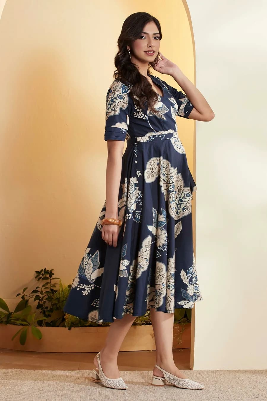 Navy Blue Cotton Floral Printed Asymmetric Dress — 2