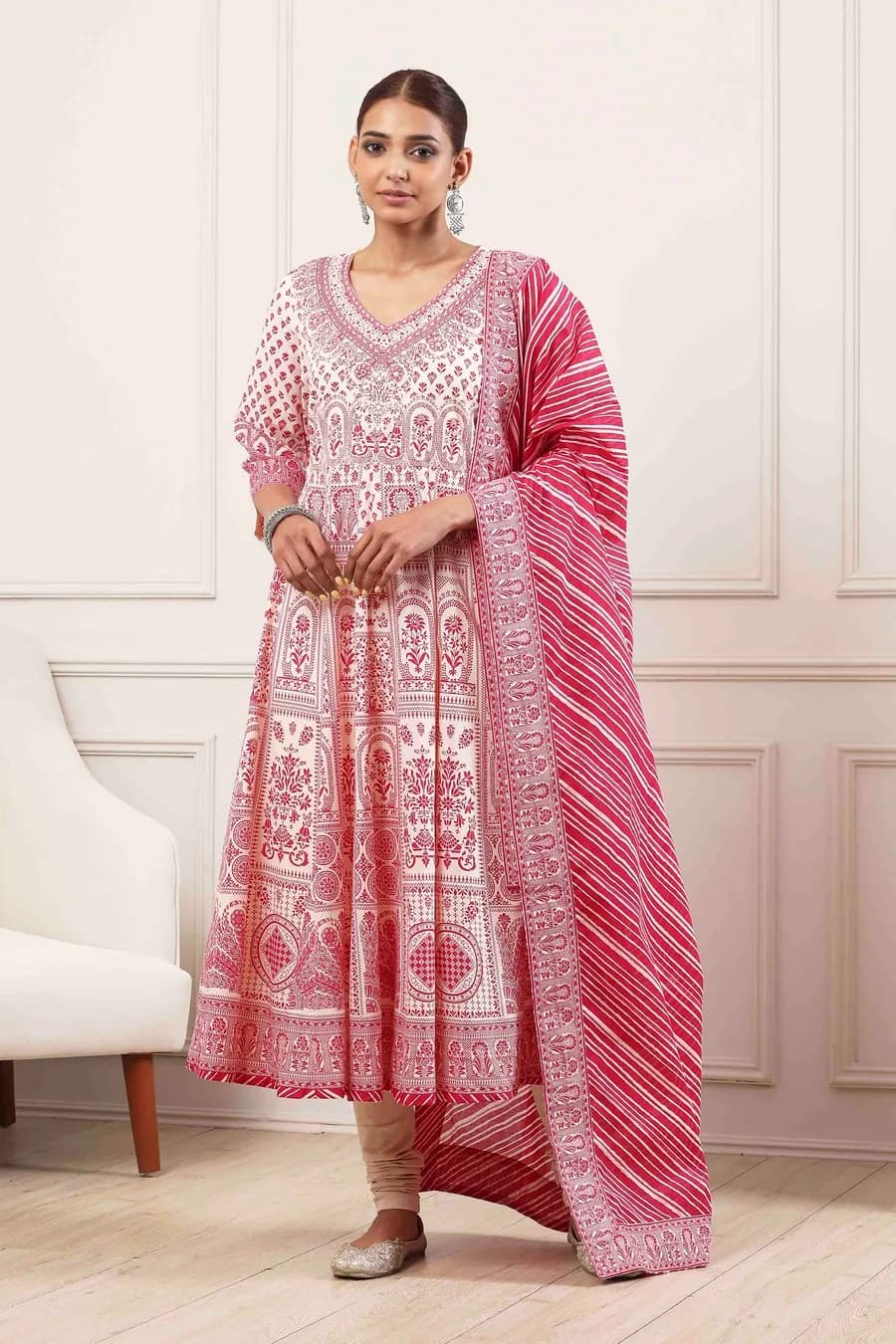 Fuchsia Cotton Floral Printed Kalidar Suit Set — 1