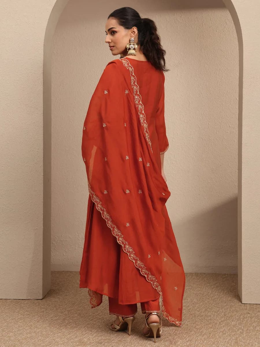 Libas Rust Embroidered Silk Blend A-Line Suit Set With Dupatta — 6