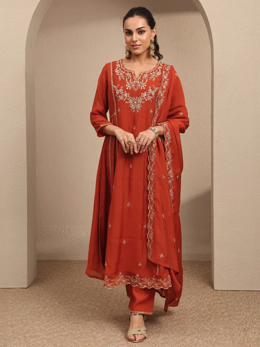 Libas Rust Embroidered Silk Blend A-Line Suit Set With Dupatta — 1