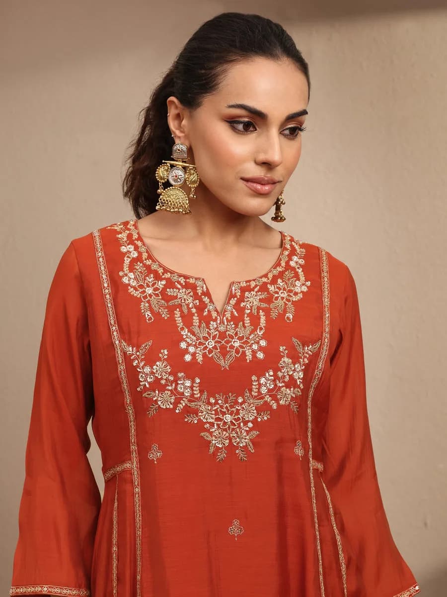Libas Rust Embroidered Silk Blend A-Line Suit Set With Dupatta — 5