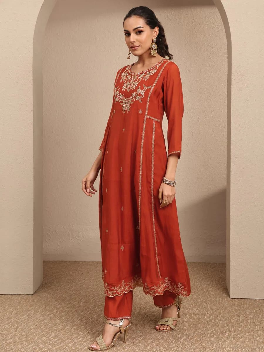 Libas Rust Embroidered Silk Blend A-Line Suit Set With Dupatta — 4