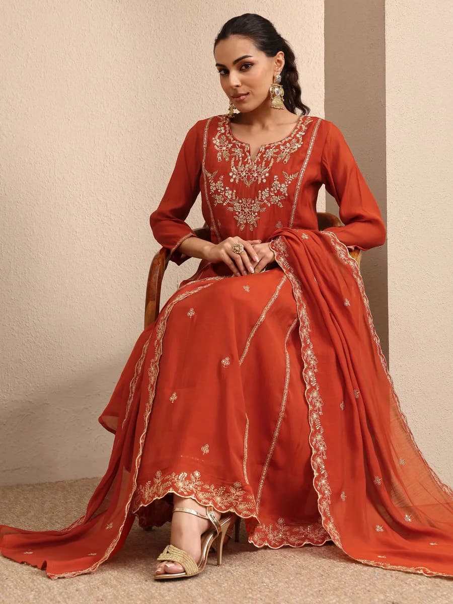 Libas Rust Embroidered Silk Blend A-Line Suit Set With Dupatta — 3