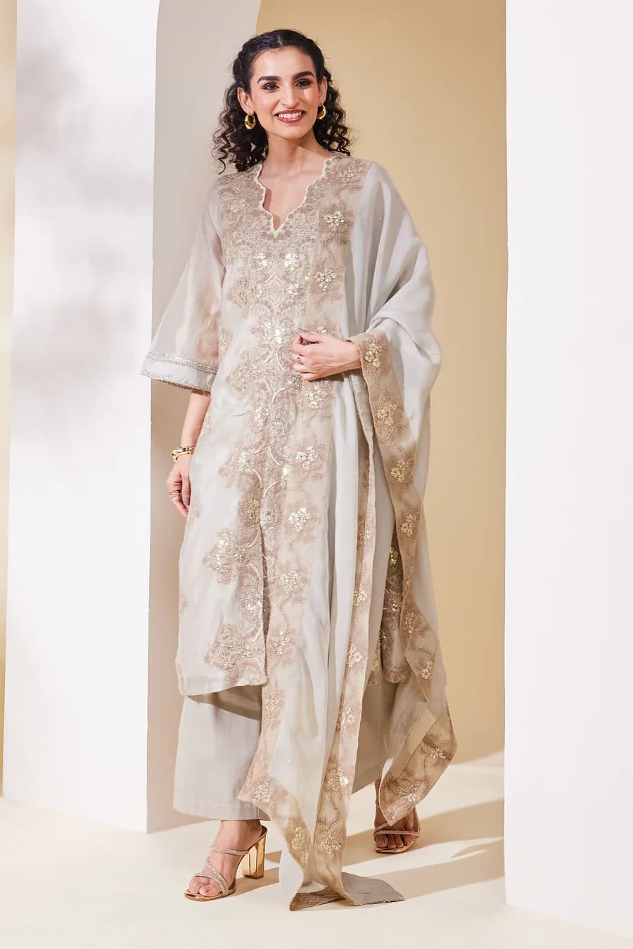 Beige Cotton Blend Straight Embroidered Suit Set — 2