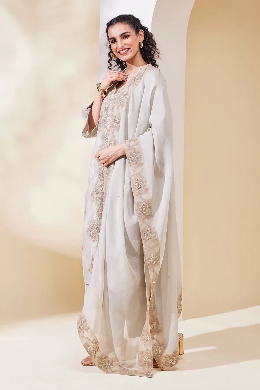 Beige Cotton Blend Straight Embroidered Suit Set — 5