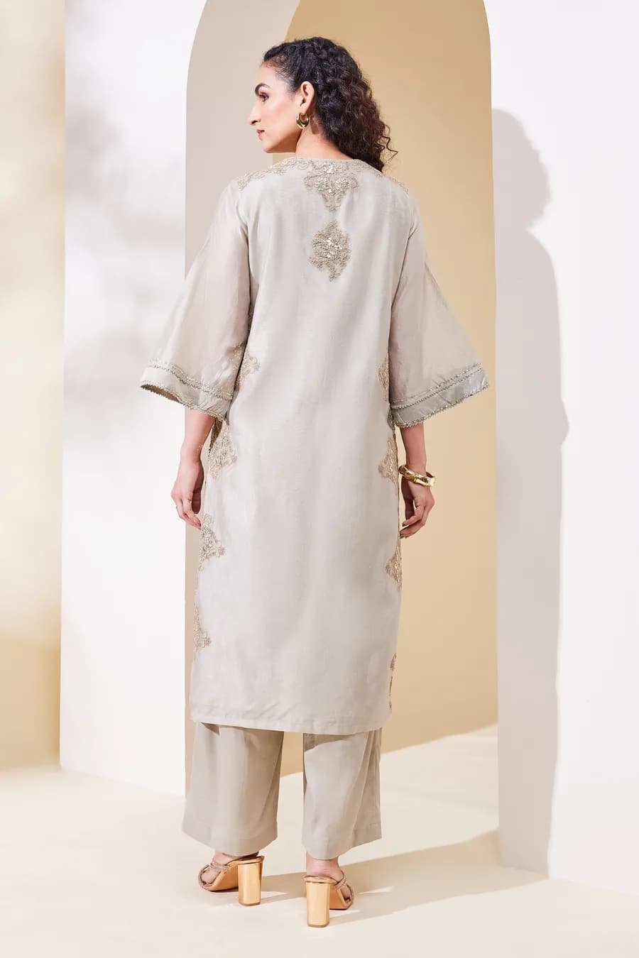 Beige Cotton Blend Straight Embroidered Suit Set — 4