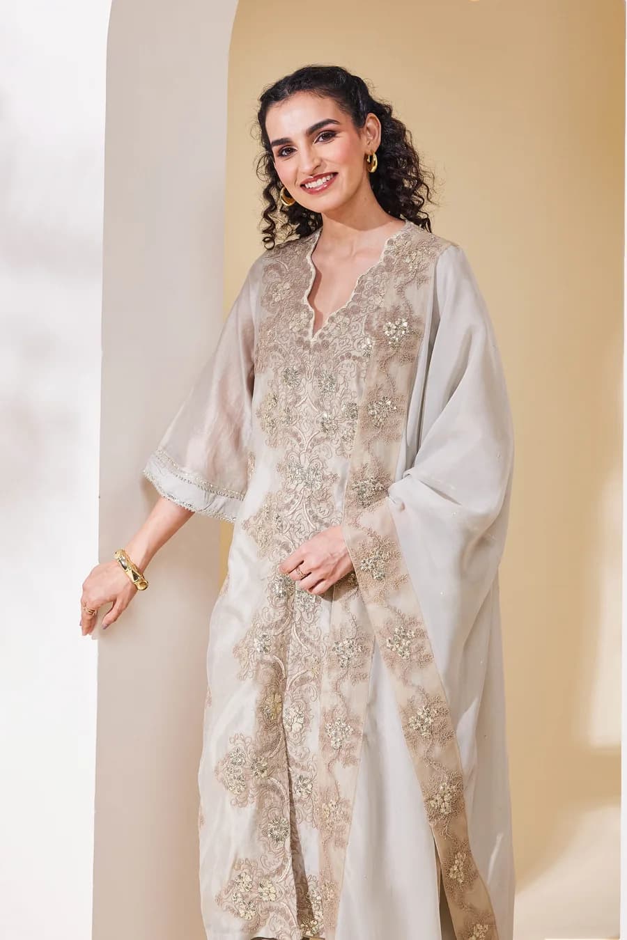 Beige Cotton Blend Straight Embroidered Suit Set — 1