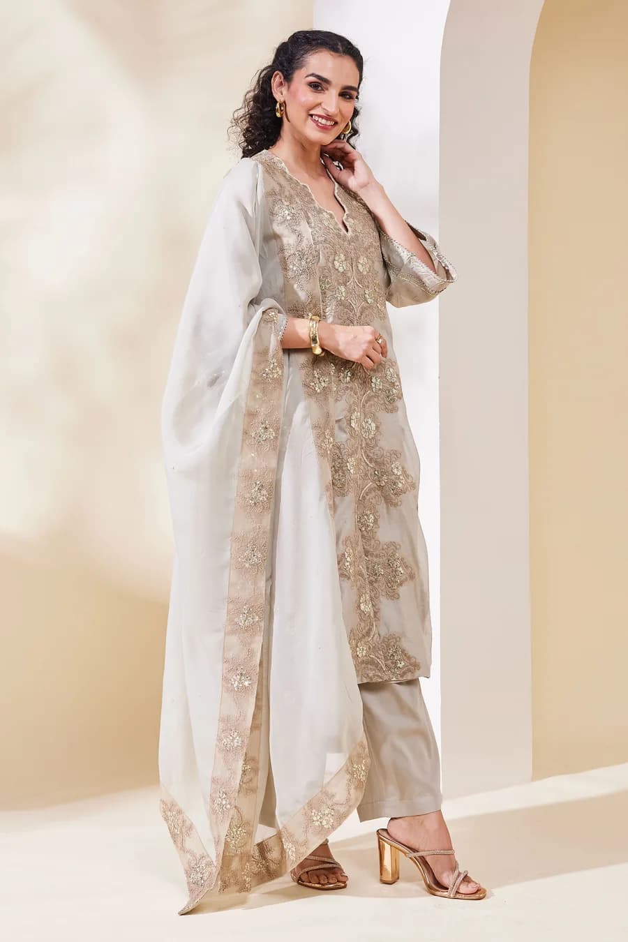 Beige Cotton Blend Straight Embroidered Suit Set — 6