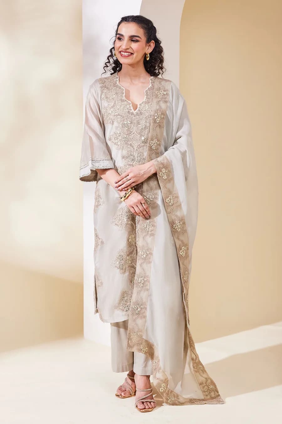 Beige Cotton Blend Straight Embroidered Suit Set — 7