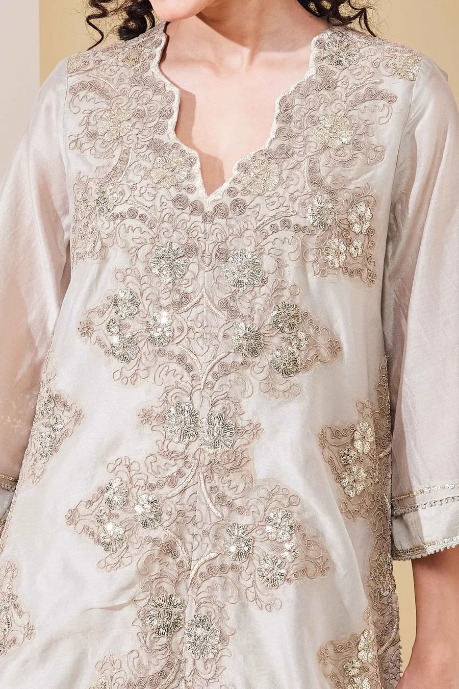 Beige Cotton Blend Straight Embroidered Suit Set — 8
