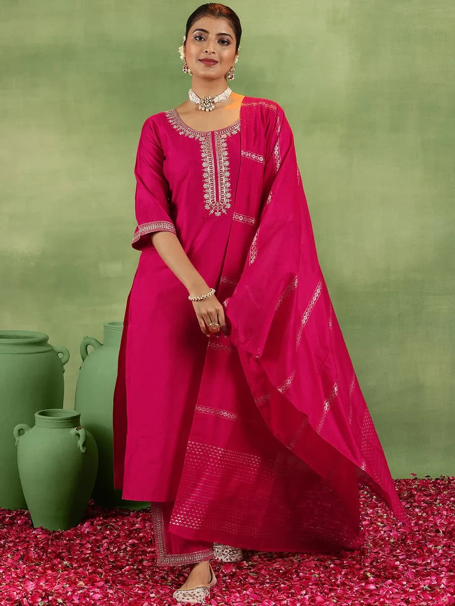 Gerua Coral Yoke Design Silk Blend Straight Suit With Dupatta — 3
