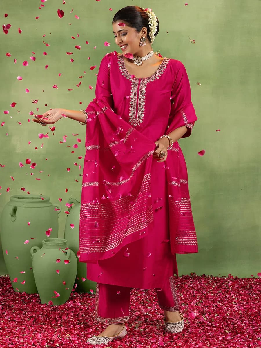 Gerua Coral Yoke Design Silk Blend Straight Suit With Dupatta — 1